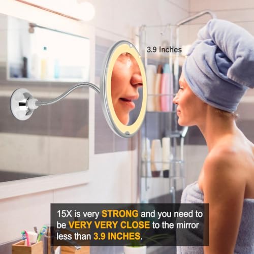 Flexible 15X Magnifying Suction Mirror - Dimmable LED Vanity Mirror, Power Suction Cup, Portable for Home Bathroom - Ideal for Detailed Makeup Eyeshadow Eyeliner (Large)