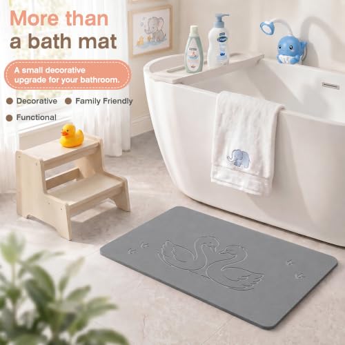 AWW Stone Bath Mat, Diatomaceous Earth, Swan Pattern | Quick-dry diatomaceous earth, One-piece stone mat, Non-slip underpad, Easy clean, animal pattern.