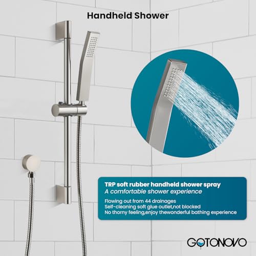 gotonovo 12 Inch Bathroom Shower Faucet Set with Slide Bar Brushed Nickel | SUS304 Rainfall Shower Head with Handheld Sprayer Combo,Rough-in Valve Trim Kit Complete,Adjustable Handheld Height,All Metal - color: Nickel