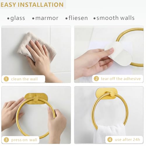 Self-Adhesive Towel Ring, No Drill Stainless Steel Round Hand Towel Holder, Rustproof Waterproof Towel Hanger with Strong Sticky Base, Modern Wall-Mounted Towel Loop for Bathroom Kitchen (Gold) - color: Gold