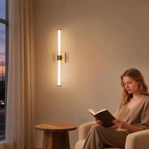 Tubicen Gold LED Vanity Light Linear Vertical Wall Sconce Dimmable 25in | 360° Full Lighting, 12W Vanity Light Bar Modern Slim Wall Light Fixture for Living Room Bathroom Bedroom, Warm White - color: Gold