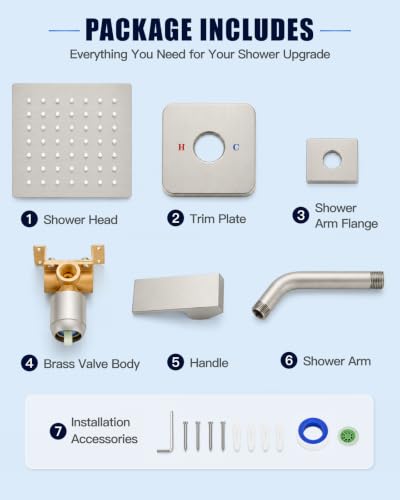 Heyalan 6 Inch Square Rain Shower Faucet Set with Valve, Brushed Nickel | Female-thread 1/2-inch NPT connections, SUS304 shower head, brass rough-in valve, single-handle control Shower Set - color: Nickel, size: 6 Inch Square Shower Head
