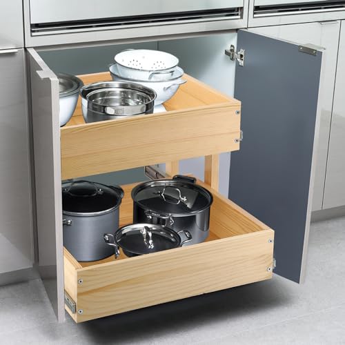 Pull Out Cabinet Organizer 20''W×21''D×16''H Soft Close Slide Out Wood Drawer Shelves for Kitchen, Finished, Bottom Assembly(Cabniet Require Opening >20.5'', Depth>21.5'', Height>16.5'') | Soft Close Wood Kitchen Pullout Drawers for Cabinets Shelves for K