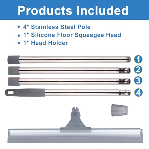 17.3" Floor Squeegee,Squeegee Broom for Floor with 62" Long Handle, Shower Squeegee for Tile Shower Walls,Garage, Deck, Bathroom, Glass,Window, Concrete Floor - size: 17.3"