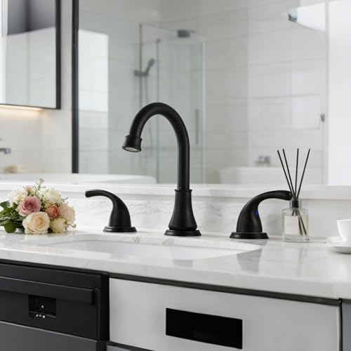 Bathroom Sink Faucet FRANSITON Centerset 8 Inch 2 Handle Bathroom Sink Faucet Lead-Free with Pop-up Drain Stopper and Supply Hoses (Matte Black, 8 Inch) - color: Matte Black