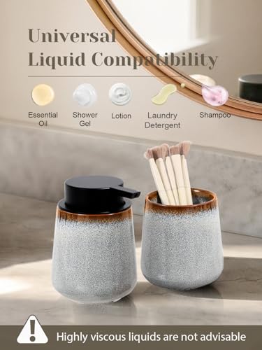 INGOFIN Ceramic Lotion Dispenser - 12 oz Refillable Hand Soap Dispenser Bathroom, Modern Liquid Dispenser with Pump, Dish Soap Dispenser for Kitchen, Kiln-Glazed Grey White - color: Grey and White