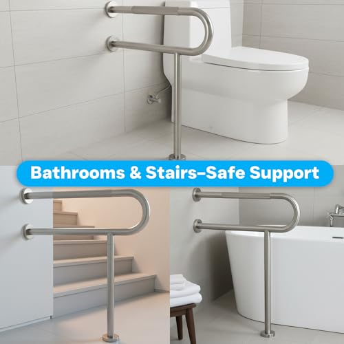 28 Inch Toilet Grab Bar with Leg for Bathroom, Wall & Floor Mounted Stainless Steel Handicap Grab Bar, Brushed Nickel Anti-Slip Knurled Grip, Safety Rail for Elderly, Disabled and Pregnant - size: 28 Inch