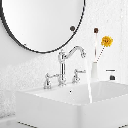 2 Handles 3 Holes Faucet Widespread Bathroom Sink Faucet Basin Tap Mixer Supply Hose Included Matching Pop Up Drain Polished Chrome - color: Chrome, size: Widespread