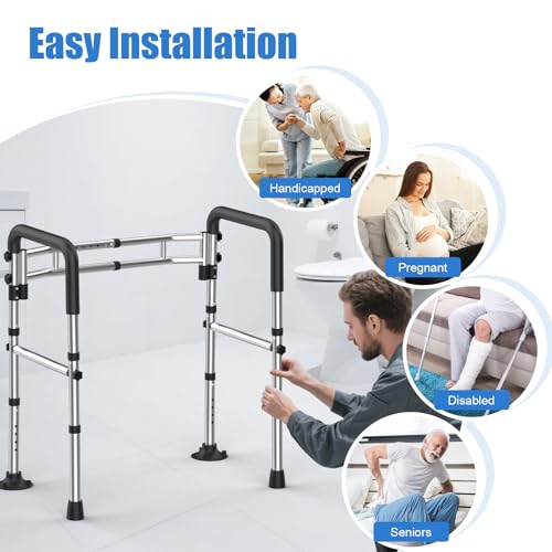 Upgraded Toilet Safety Rails 380LBS, Stainless Steel Toilet Rail Frame, Adjustable Stand Alone Toilet Support with Non-Slip Grips & Suction Cups,Tool-Free Assembly, Fits for Elderly/Disabled