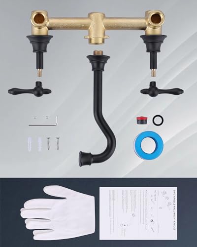 Black Bathroom Faucet Wall Mount: WOWOW Brass Bathroom Sink Faucets 2 Handle and Rough-in Valve Included, 8 Inch Lavatory Faucet 3 Hole Antique Tap - color: Black