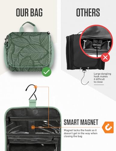 VENTURE 4TH Hanging Travel Toiletry Bag, 17 Compartments - Green Leaves | Hangs on rails, hooks or doors; stands upright too. Removable TSA pouch. Water-resistant 900D Nylon, reinforced stitching. - color: Green Leaves