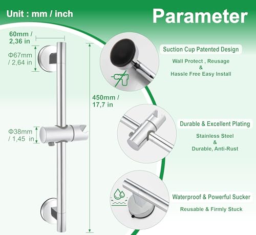Upgraded 17.7 Inch Shower Slide Bar w/ Waterproof Suction Cup,SUS Metal Bar Heavy Duty, Removable & Adjustable Handheld Shower Head,Wall Mount Drill-Free Install No Tool,Bathroom Wall Protect - color: Chrome Polish