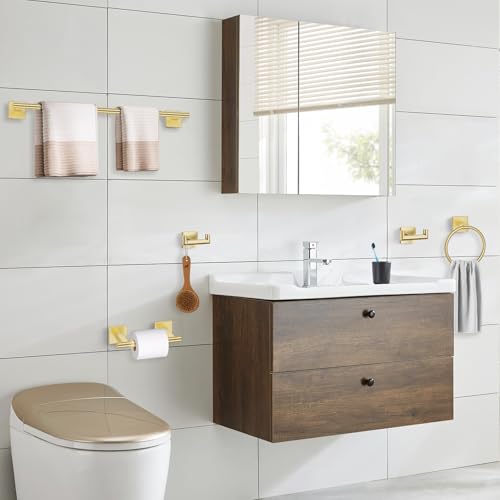 Brushed Gold Towel Bar Set, 5 Pieces Double Dase Toilet Paper Holder Bathroom Hardware Set, 23.6 Inch Stainless Steel Towel Racks for Bathroom Wall Mounted - color: Brushed Gold, size: 5pieces C