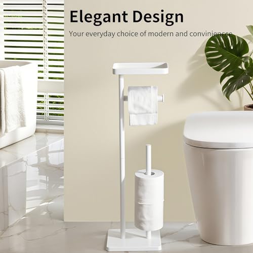 Clasin Home White Toilet Paper Holder Stand with Metal Top Shelf, Free Standing Bathroom Tissue Roll Holder with Weighted Base and Storage for 4 Rolls - color: White