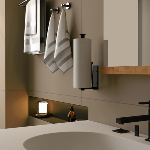 Under Cabinet Paper Towel Holder, One-Hand Tear Paper Towel Holder, Black | Stainless Steel Wall Mount Self Adhesive Paper Towel Rack with Tension Arm, Fits for First Apartment Essentials, Kitchen, RV - color: Black