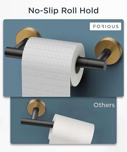 FORIOUS Commercial Toilet Paper Holder Wall Mount Bathroom Tissue Holder | Black & Gold | SUS304 Stainless Steel Rustproof | Double Post Pivoting Toilet Paper Roll Holder | Screw-In | Round Base - color: Matte Black & Brushed Gold