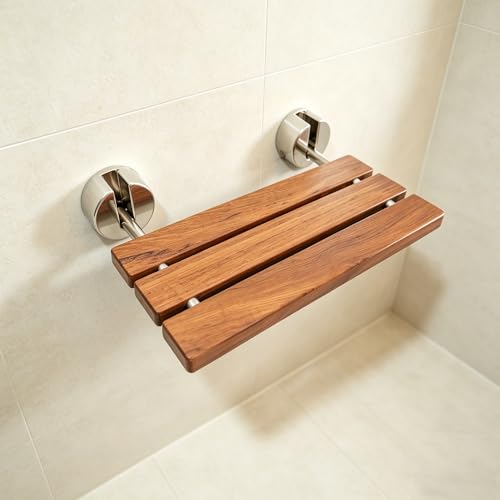 DIYHD 20" Burmese Teak Wood Wall Mounted Folding Shower Bench, Brushed | Premium Solid Teak Wood with Stainless Steel Bars, 330 lbs Capacity, 14” W x 20” D, Fits 16” Stud Spacing - size: 20"
