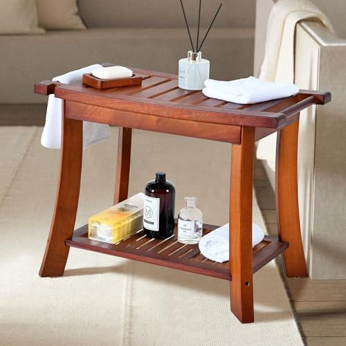 Teak Shower Chair Stool, 24" Shower Bench Seat, Wooden Bathroom Bench with Storage Shelf for Indoor & Outdoor Use - size: 24"