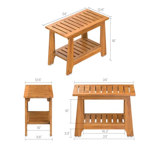 NNN 24" Commercial Heavy Duty Teak Shower Bench, Patented, Non-Slip Stable | with 8 Japan-Made Non-Slip Leveling Feet, Mortise-Tenon Legs 350lb, Pre-Oiled European Teak Oil, Marine-Grade Hardware - size: 24"W x 12.6" Dx 18"H