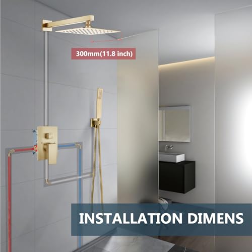 Aolemi Shower Faucet Set with Handheld Brushed Gold 12 Inch Head | Pressure Balance Shower Valve and Trim Kit,SUS304 Rain Head and Handle System,All Metal,Wall Mount,Bathroom,Handheld Spray - color: Gold, size: 12 Inch Wall Mount Shower Head
