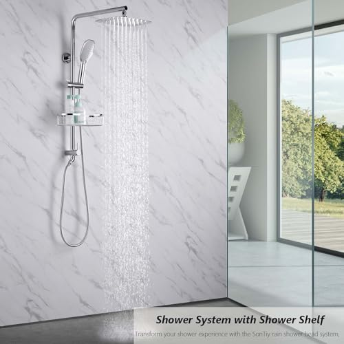 Rain Shower System with Shelf, 12 Inch Rain Shower Head Set with Hand Shower Head, SonTiy Dual Shower Combo with Height Adjustable Holder, Brass Valve, Chrome - color: Chrome, style: 2.5 Gallons Per Minute-Square