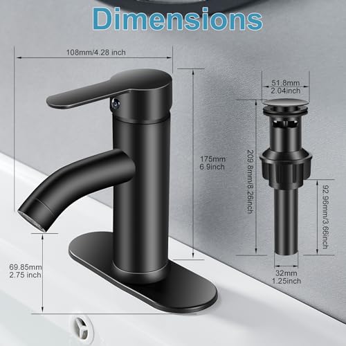 Bathroom Faucet 1 Hole, Black Vanity Faucet,Single Handle | for 1 Hole or 3 Hole Bathroom Sink, RV, Vanity,with Deck and Pop-up Drain Easy to Clean - color: Matte Black