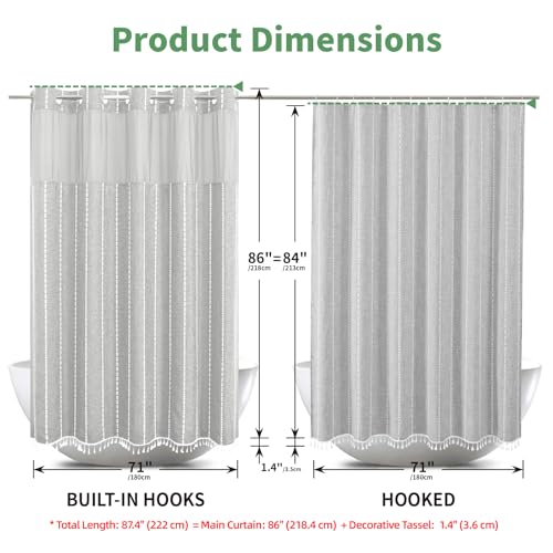 eachope No Hook Extra Long Shower Curtain Set with Snap-in Liner,Linen Textured Thick Striped Fabric with Tassels,Boho Chic Modern Farmhouse Bathroom Curtain,Water-Repellent,Grey/Gray,71x86 | 230GSM Thick Fabric,Hotel Luxury Decor,Mesh Top Window,Magnetic