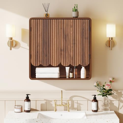Fluted Bathroom Wall Cabinet, Wooden Bathroom Organizers, Scalloped Over The Toilet Storage Cabinet with Adjustable Shelf, Medicine Cabinets Wall Mounted for Bathroom, Laundry Room(Walnut) - color: Walnut