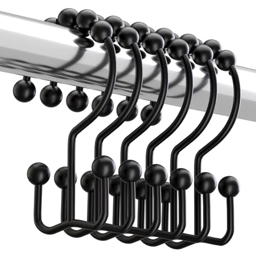 Black Shower Curtain Hooks Rings Set of 12, Double Glide Design, Rust-Resistant Metal, Smooth Sliding Heavy Duty Hooks for Bathroom Shower Rod Curtains and Liners (Black)