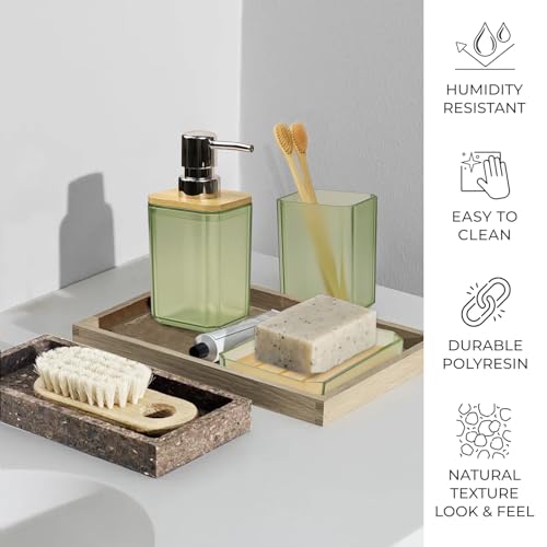 CERBIOR Bamboo Bathroom Accessories Set 7 Piece Bath Ensemble,Green | Includes Soap Dispenser, Toothbrush Holder, Toothbrush Cup, Soap Dish for Decorative Countertop and Housewarming Gift - style: Green