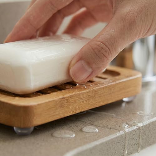Bamboo Soap Dish with Drainage, 2 Pack Slotted Self Draining Bar Soap Holder, Acacia Finish for Shower, Bathroom Sink & Kitchen Countertop - color: Acacia Brown