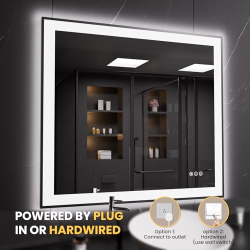 LOAAO 40"X36" LED Bathroom Mirror Black Framed | Anti-Fog, Dimmable, Memory Function, Tempered Glass, Lighted Vanity Mirror for Wall - size: 40"L x 36"W
