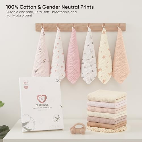 Bearmoss 12 Pack Baby Muslin Washcloths, 100% Cotton 10"x10" Face Towels | Soft Absorbent Bath Wash Cloths and Burp Cloths for Newborn Infants Kids Girls & Boys (Pink Brown) - color: Pink