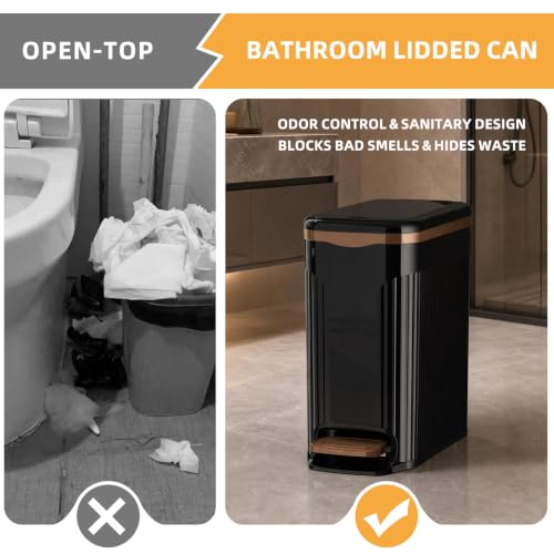 Slim Bathroom Trash Can with Lid, 10L Soft Close Step Pedal Black | Dual Open Step Pedal & Hand Press, 6.49" Ultra Narrow, Hidden Bag Holder, Odor Seal Waste Basket for Kitchen Office Bedroom