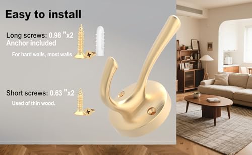 TOFIIGREM Gold Wall Hooks, 5 Pack Coat Robe Hook Heavy Duty Metal Double Bath Hook Wall Mounted, Hand Towel Hooks for Cubicle Bathroom Kitchen Closet Garage - color: Gold, size: 5 Pack