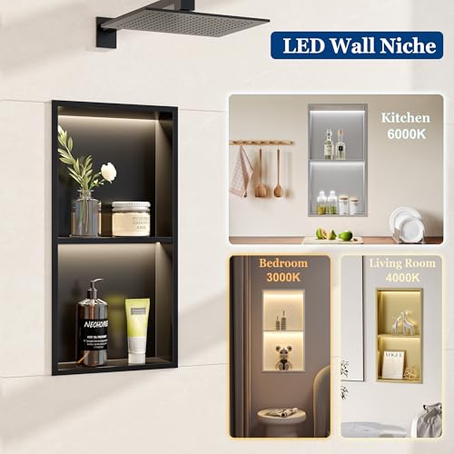 Gold 2-Tier 3 CCT LED Niche, 12"x24" No-Tile Shower Storage | shower niche with 3-Temperature LED Strip Light (4000K/6000K/3000K),Waterproof, Sturdy&Durable,304 Stainless Steel Wall Niche - color: Gold, size: 12X24In