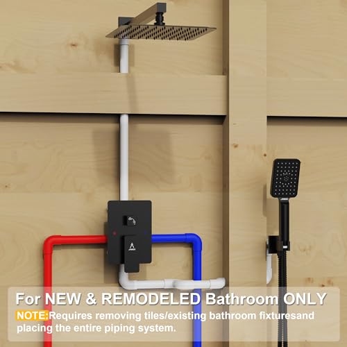 Rain Shower System 10IN Modern Brass Faucet Set With Valve and Diverter Shower Mixer With Handheld High Pressure Square Rainfall Shower Valve (10'' Wall Mount, Matte Black) - color: Matte Black, style: 10'' Wall Mount