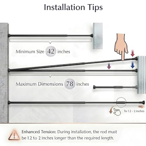 304 Stainless Steel Shower Curtain Rod, Adjustable Telescopic Tension Rod, Rustproof Heavy Duty Bathroom Rod, No Drilling Expandable Curtain Rod 42–78 Inch – Black + 80“ x 80” Shower Curtain - color: Black, size: 42"–78"