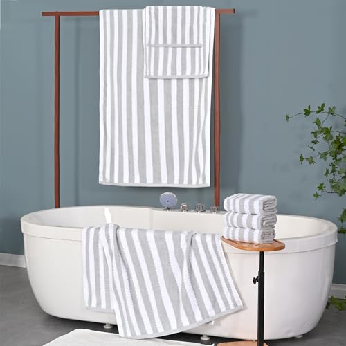 Gray and White Towels, 4 Hand 16"x27", 2 Bath 28"x52" - Cotton | Quick Dry | Lightweight, 6PCS Waffle Towel Set, Grey Striped Towels Bathroom, Luxury Towel Gift Set, Stripe and Checkered - color: Grey and White, size: 6 PCS Towel Set