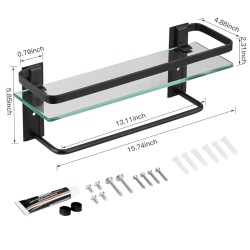 Bathroom Glass Shelf with Towel Bar Black Bathroom Shelf Wall Mount Rustproof Bathroom Wall Organizer Towel Rails1 Tier (Black) - style: 1 tier with towel bar black