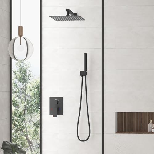 Hoimpro 12'' Rain Shower Head Shower Faucet Set with Handheld Sprayer Black | Stainless Steel Rainfall Shower Head, Shower System Fixture Combo, Square, High Pressure Vlave Trim Kit, Wall Mounted, Matte - color: Matte Black