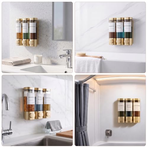 Shampoo and Conditioner Dispenser,Shower Soap Dispenser 3 Chamber No Drill Wall-Mounted for Bathroom & Hotel Leak-Proof Pumps, for Thick Liquids Like Conditioner - 1050ML High Capacity,Gold - color: Gold