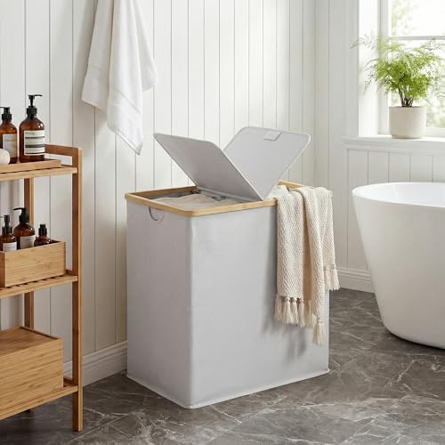 efluky Laundry Hamper with Lid, Double Laundry Basket with 2 Removable Bags, 2 Section Laundry Bin with Bamboo Handles for Bathroom, Bedroom & Laundry Room, 140L (36.9 Gallon) Light Grey - color: Light Grey, size: 140L Dual