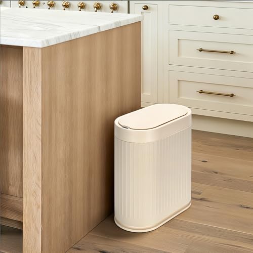 SYNCVIBE Bathroom Trash Can with Lid, 2 Gallon, Automatic Lid, Beige | Motion Sensor Garbage Can, 7.5 Liter Smart Trash Bin, IPX5 Waterproof Narrow Plastic Wastebasket for Bedroom and Office - color: Beige
