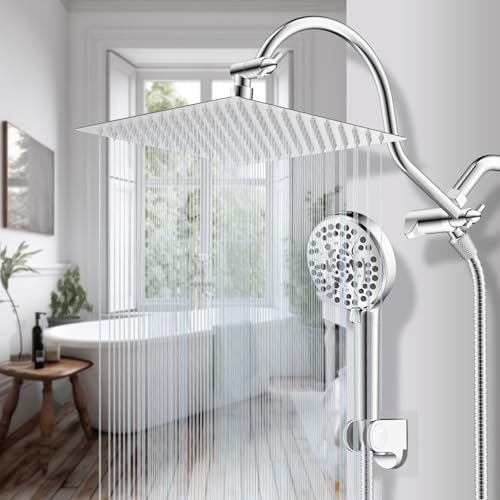 Hibbent 12'' All Metal CUPC Certified Shower Head, High Pressure Rainfall Shower Head, Handheld Showerhead Combo, 12'' Adjustable Shower Extension Arm, 10-Spray, 71'' Hose, Showerhead Holder, Chrome - color: Chrome, style: Square 12''