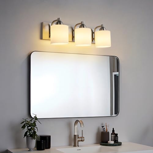Mecgirn Stainless Steel Milk Glass Bathroom Vanity Light Over Mirror, 3 Light Brushed Nickel Bathroom Light Fixtures with Frosted Glass, Modern Vanity Lighting Wall Mount - color: Brushed Nickel, size: 3 Light