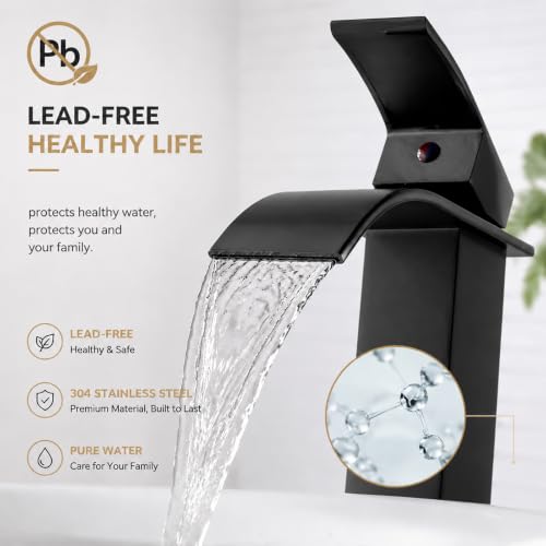 VOTON Vessel Sink Faucet Matte Black Modern Tall Waterfall Bathroom Sink Faucet with Pop-Up Drain Single Handle Bathroom Faucet 1 Hole Bowl Lavatory Vanity Faucet, Rv Sink Camper Farmhouse Faucet - color: Matte Black, size: Tall