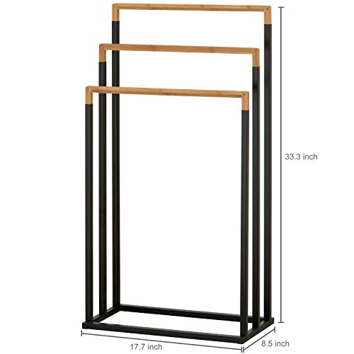 MyGift 33 Inch Standing Towel Rack, Freestanding Bath Towel Holder with 3 Tier Bamboo Wood Bar and Black Chrome Plated Metal, Drying Rack Stand for Bathroom, Laundry - size: 3 Tiers