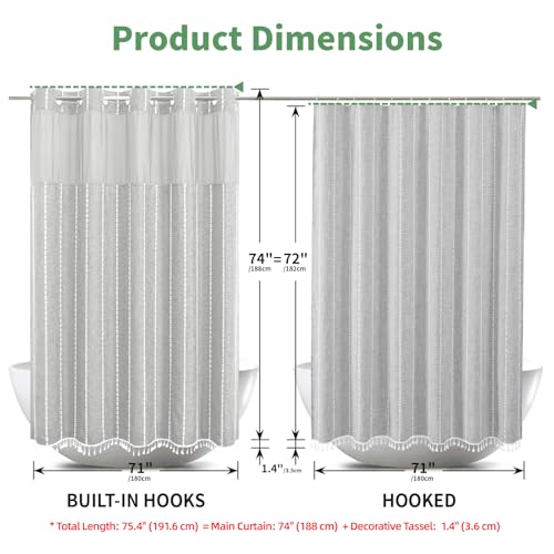 eachope Grey Farmhouse No Hook Shower Curtain Set with Snap-in Fabric Liner,Boho Heavy-Duty Linen Textured Rustic Striped Design,Water-Repellent with Tassels and Sheer Window,Gray,71x74 | 230GSM Thick Fabric,Hotel Luxury Decor,Mesh Top Window,Waterproof &