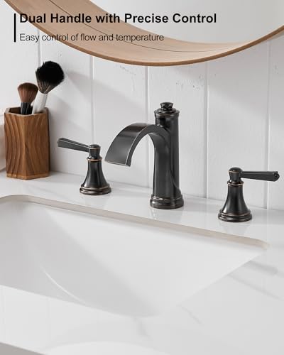 Waterfall Bathroom Faucet 3 Hole, 4-16 Inch Oil Rubbed Bronze Bathroom Faucet, Brass Bathroom Sink Faucet, 2 Handle Bathroom Faucets, Bathroom Vanity Faucet with Pop-Up Drain, Water Hoses - color: Oil Rubbed Bronze